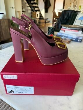 Valentino Wine Burgundy Platform Slingback Heels with Gold Logo
